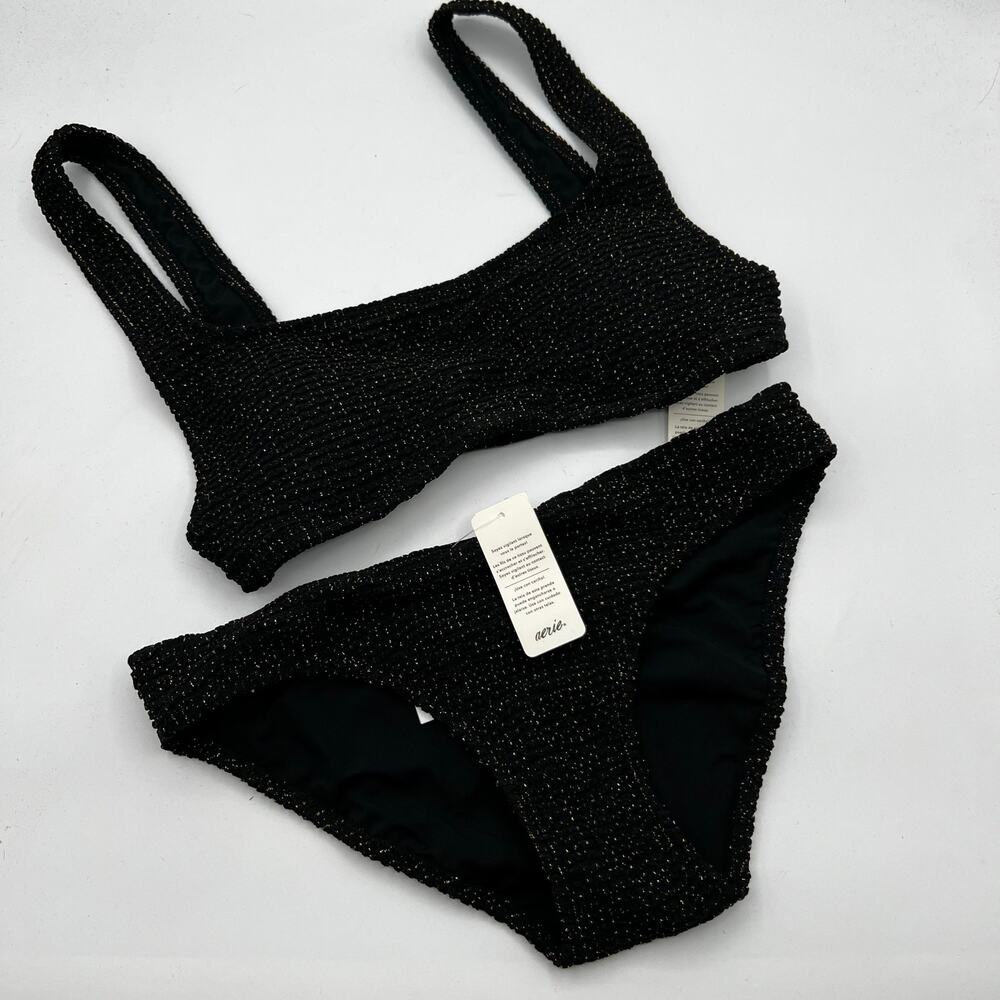 Aerie NWT Black and Gold Textured Swim Set Size S